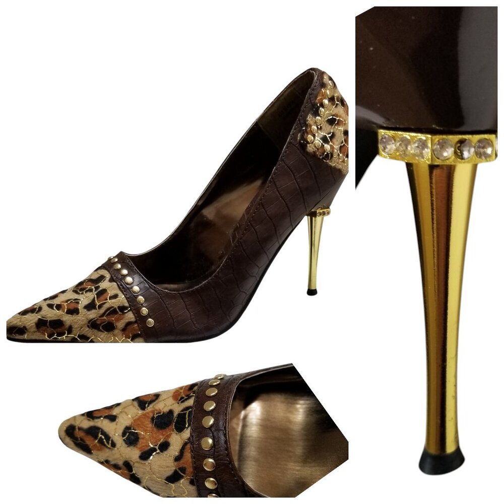 WILD ROSE Leopard Fur Studded Croc Stiletto Metal Spike Heels Size 8 Gold Brown